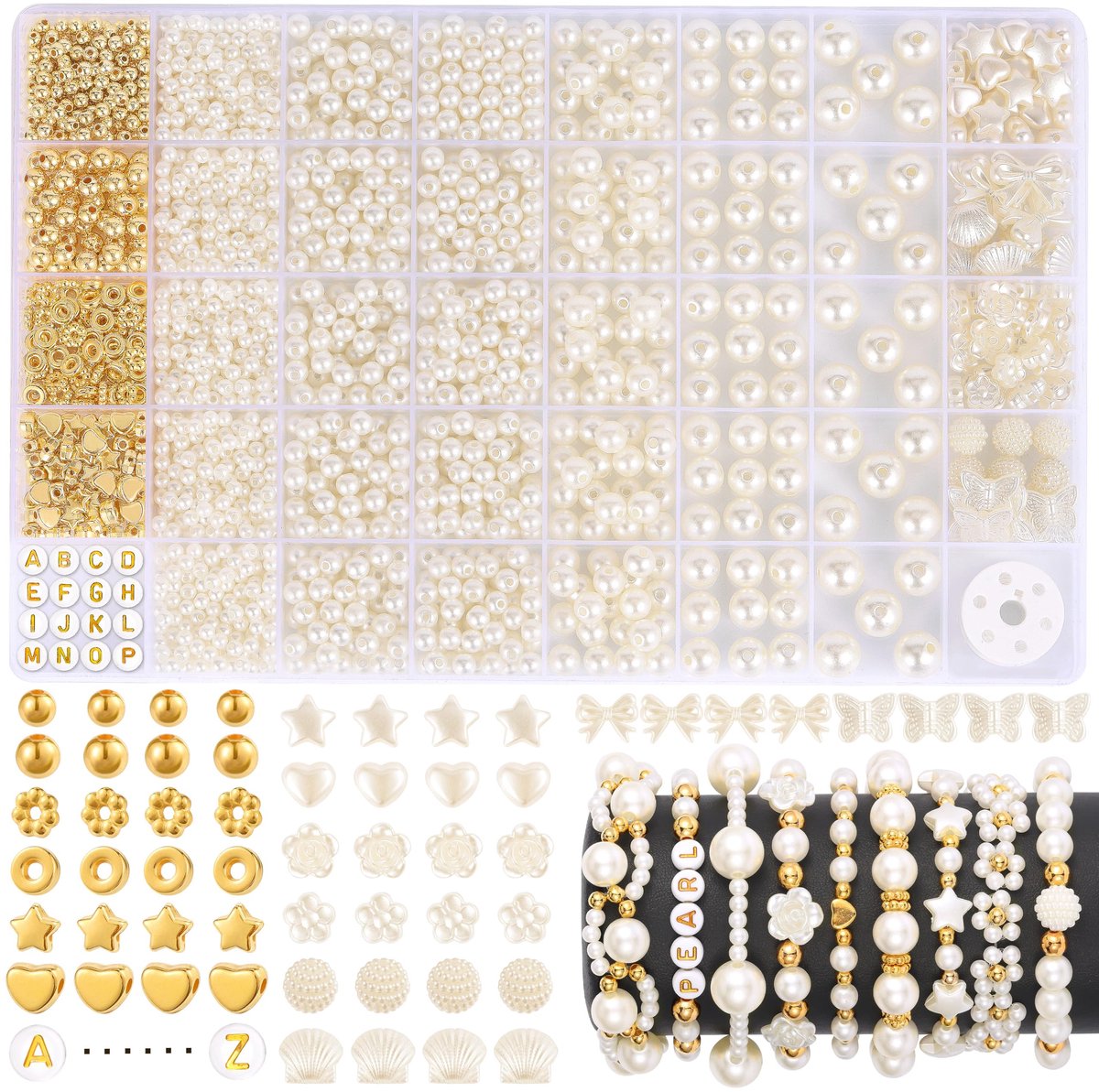 Kralen voor armbanden 1860 stuks - Witte kralen set in 5 maten - DIY armbanden maken - Rijgkralen voor volwassenen en meisjes - Complete knutselset