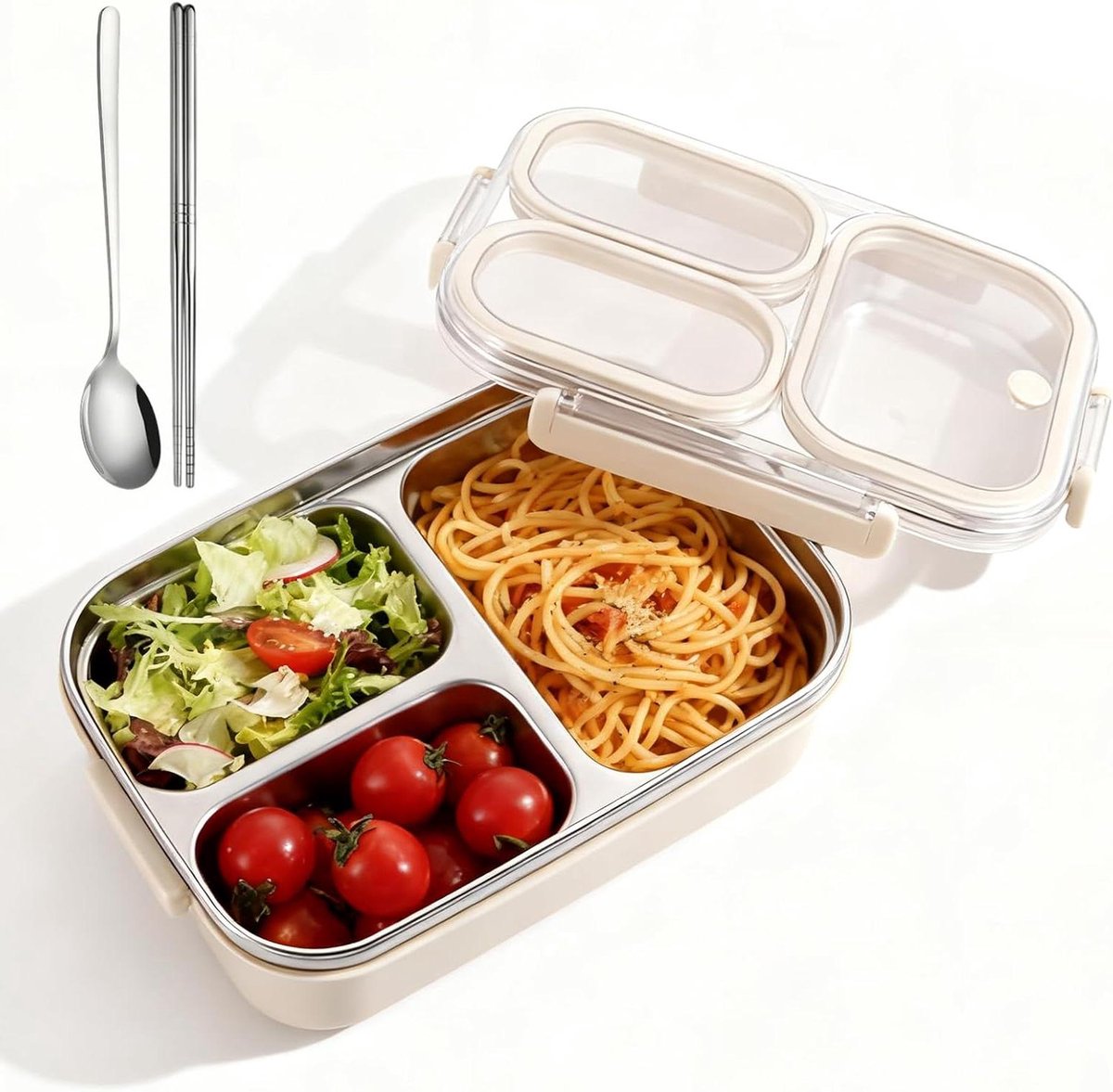 Rvs Lunchbox - Bento Box - Gezond Eten - Drie Compartimenten - 1 Liter - Beige