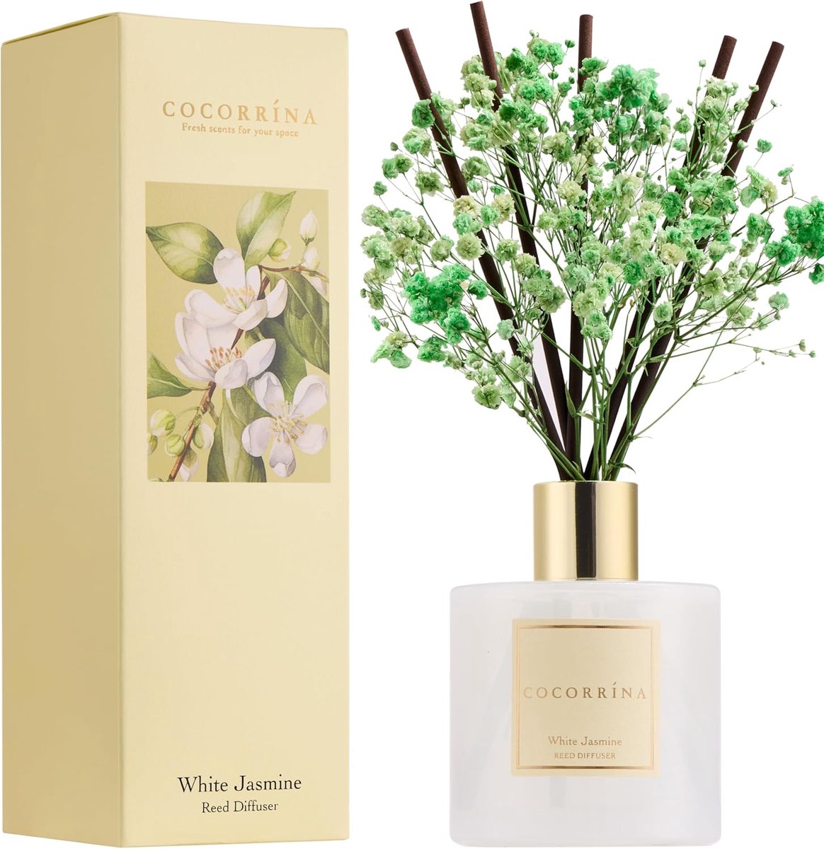 Cocorrina White Jasmine Geurstokjes - 200ml - 8 Geurstokjes - 90 Dagen Langdurige Geurverspreiding - Geschikt voor iedere ruimte