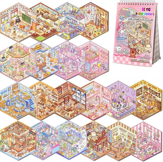 Een uitgebreide collectie miniatuurscène stickers in een roze notitieboek, elk met een uniek kamerthema, variërend van woonkamers tot winkels.