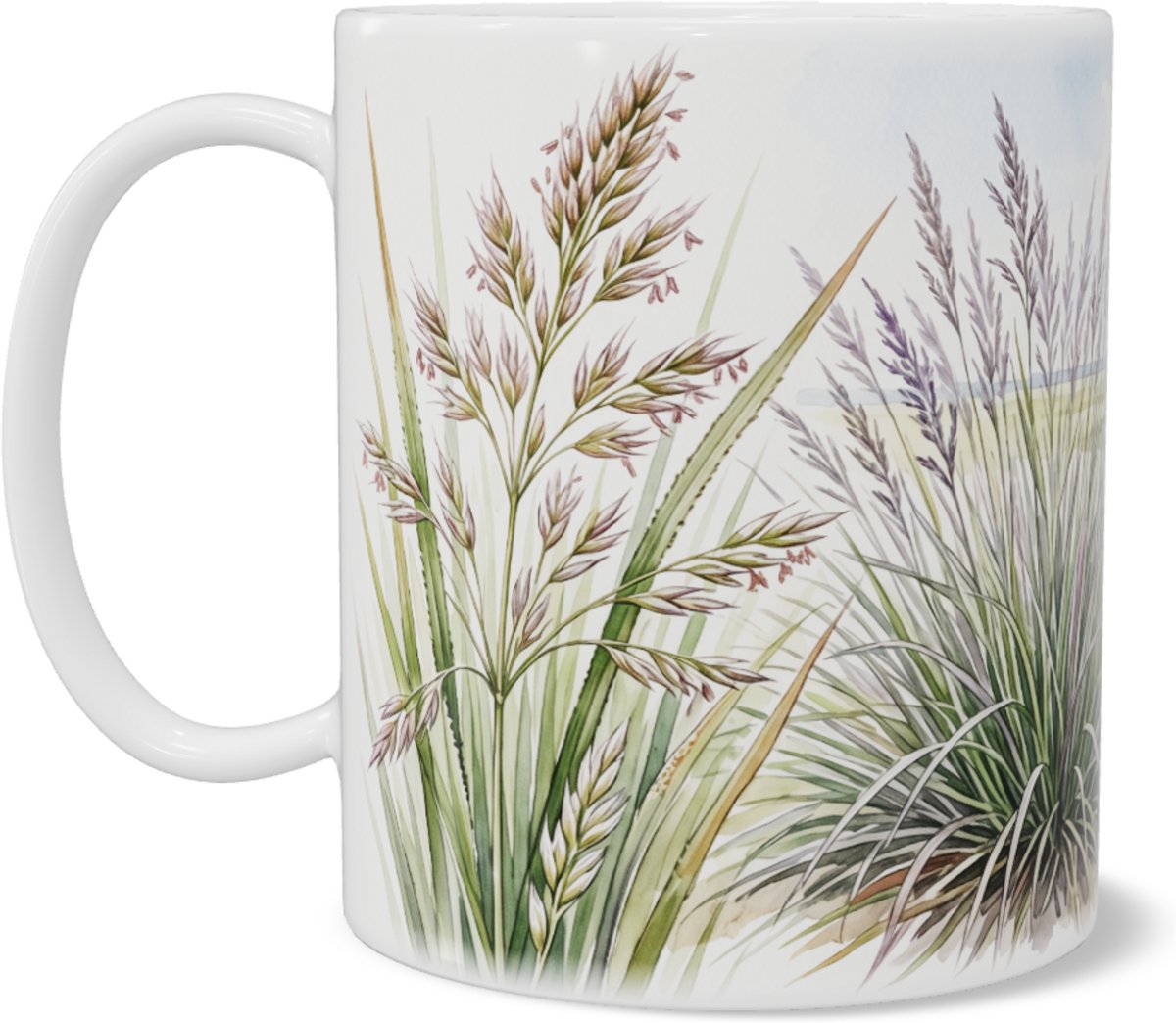 Mok met uitgestrekte polder, kronkelende rivier en pollen ruwe smele - natuur aquarel