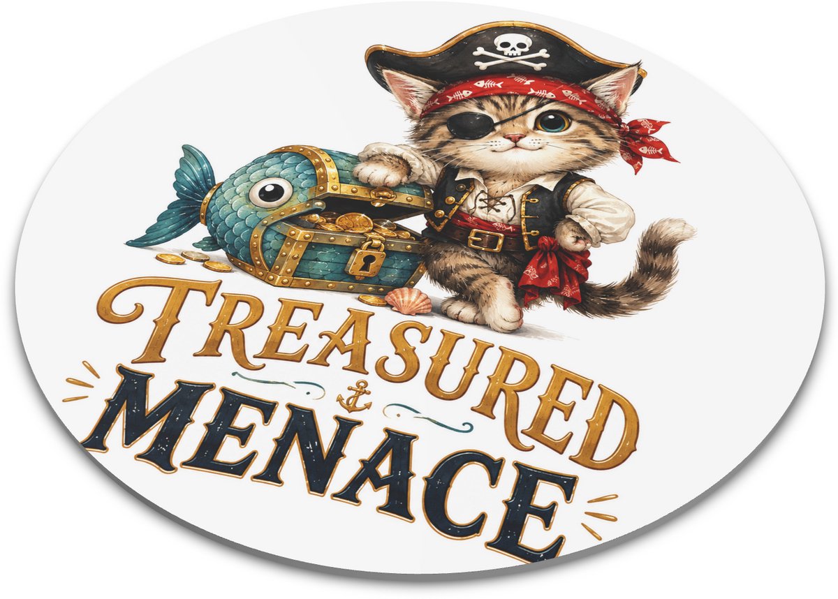Ronde muismat met schattige kat als piraat bij schatkist - Treasured Menace grappige tekst - Avontuurlijke aquarel illustratie cadeau voor kattenliefhebber bureau decoratie en thuiswerkplek accessoire