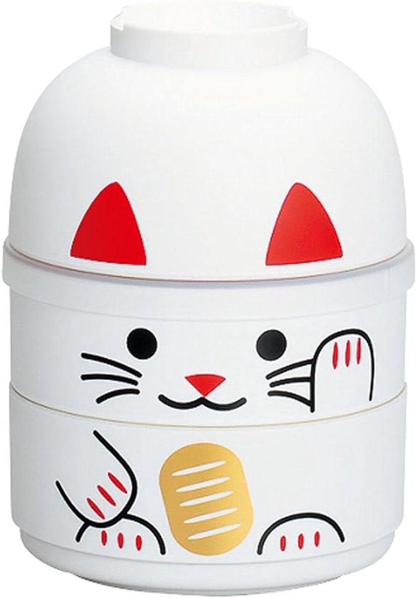 Bento Doos - Lunchbox Japans - Maaltijd Meenemen - Maneki Neko Design - 10 x 13 x 13 cm - Wit