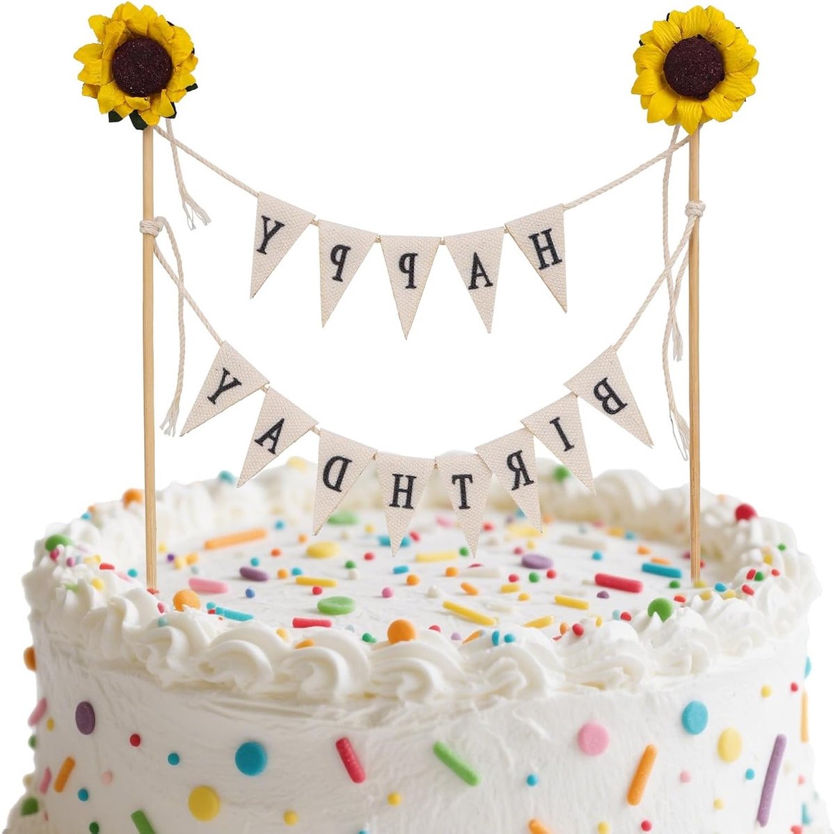 Handgemaakte verjaardagsvlaggen en zonnebloem slinger voor feesttafel decoratie en cake toppers