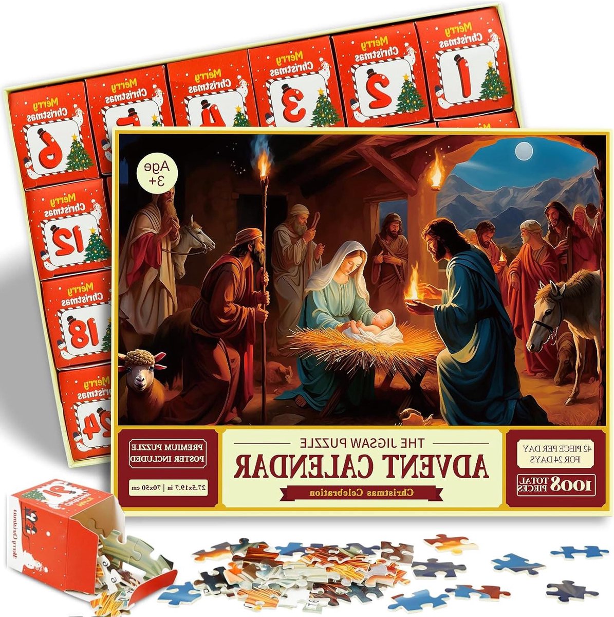 Adventskalender Puzzel - Kerst Puzzel Kalender - Kerstmis Aftellen - 24 Genummerde Vakjes - 1008 Stukjes - Gekleurd
