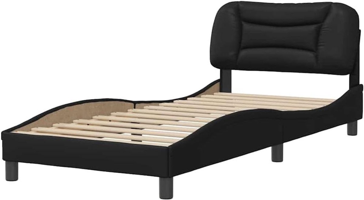 Bedframe met Hoofdeinde - Bedombouw Lattenbodem - Goede Nachtrust - Gegolfd Ontwerp - 90 x 190 cm - Zwart