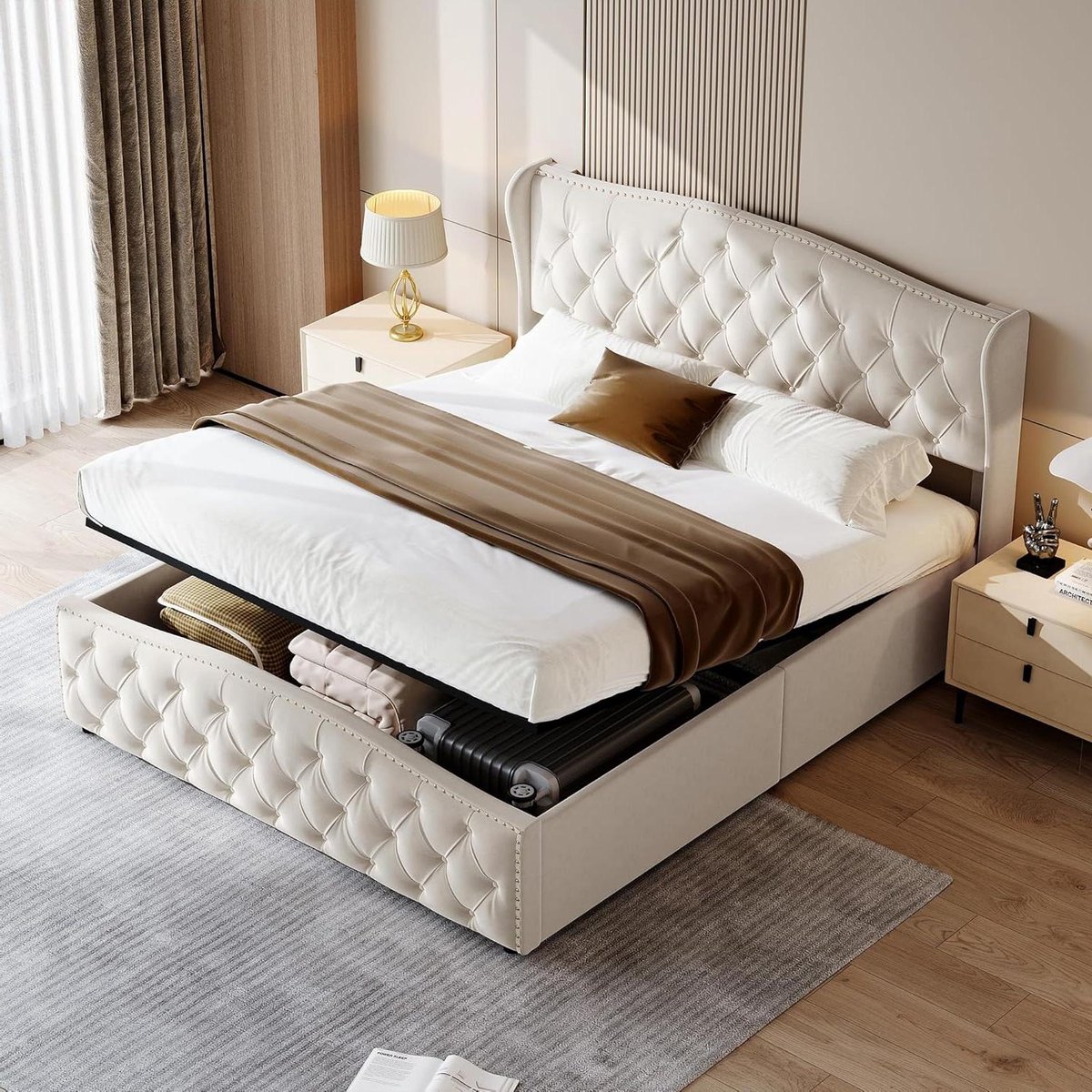 Gestoffeerd Bedframe - Opbergbed Velvet - Slaapkamer Inrichten - Diamant Getuft - 140 cm - Wit