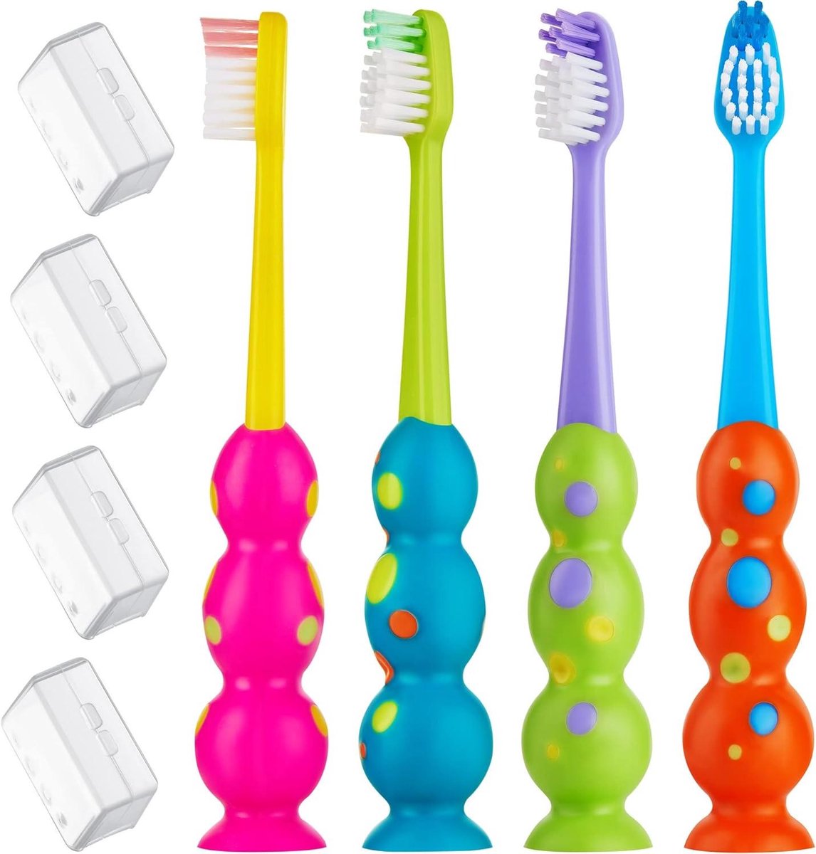 Kinder Tandenborstels - Kindertandenborstels Set - Tanden Poetsen - Zuigbeker Opslag - 4 Stuks - Gekleurd
