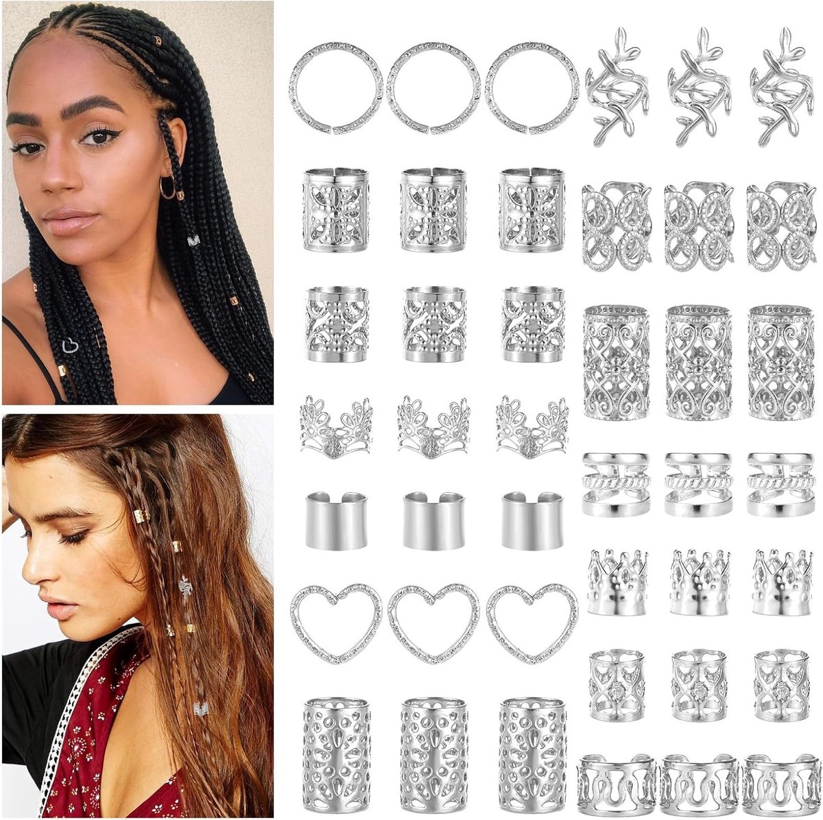 Dreadlocks Sieraden Zilveren Haarbedels voor het Klemmen van Haar, Verstelbare Ringen en Metalen Haarpiercings voor Festivals en Vlechtaccessoires