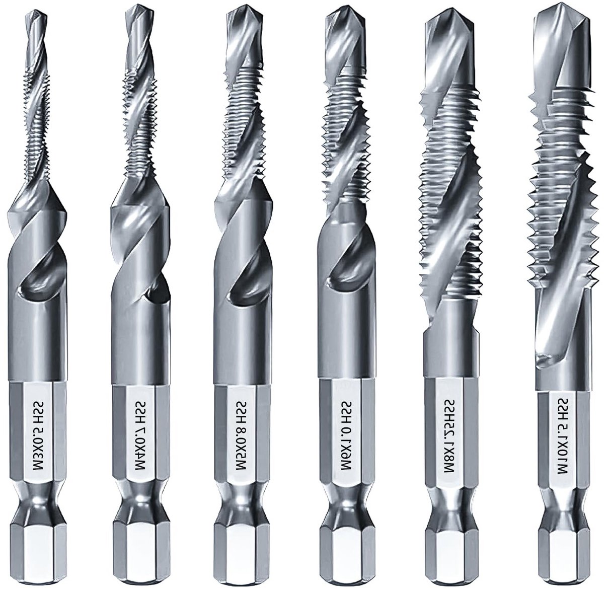 Set van 6 combinatieboor- en snijsets voor M3 M4 M5 M6 M8 M10 - Snelle wissel, geschikt voor metaal, hout en kunststof