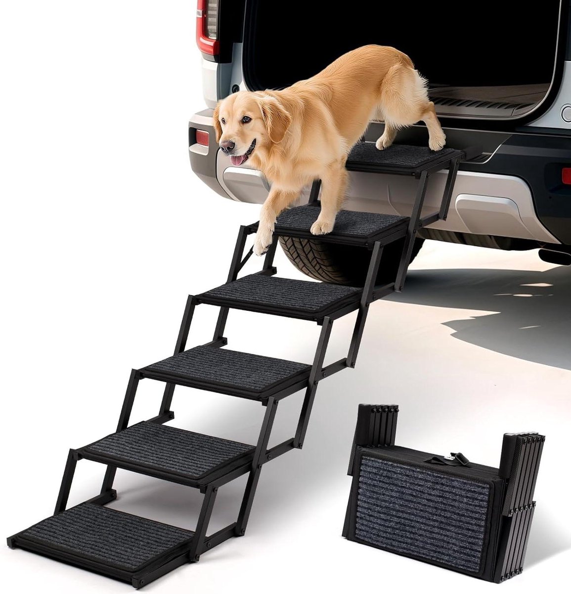Hondentrap Auto - Hondenhelling Opvouwbaar - Veilig Instappen Hond - Antislip Grasmat - 6 Treden - Zwart