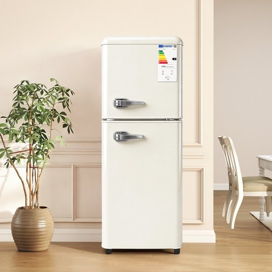Dubbele koelkast 112L met vriesvak 40L, 7 temperatuurinstellingen, LED-verlichting, verstelbare planken crème