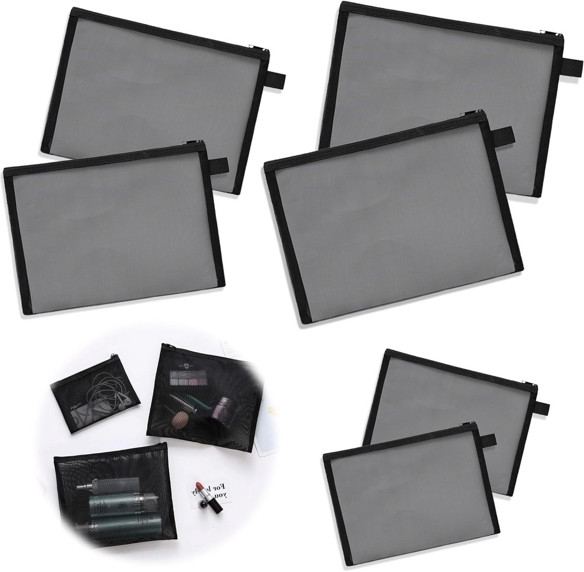 Set van 6 Draagbare Mesh Zipper Tassen in 3 Maten, Waterdichte Make-up Tassen voor School, Kantoor en Cosmeticaopslag