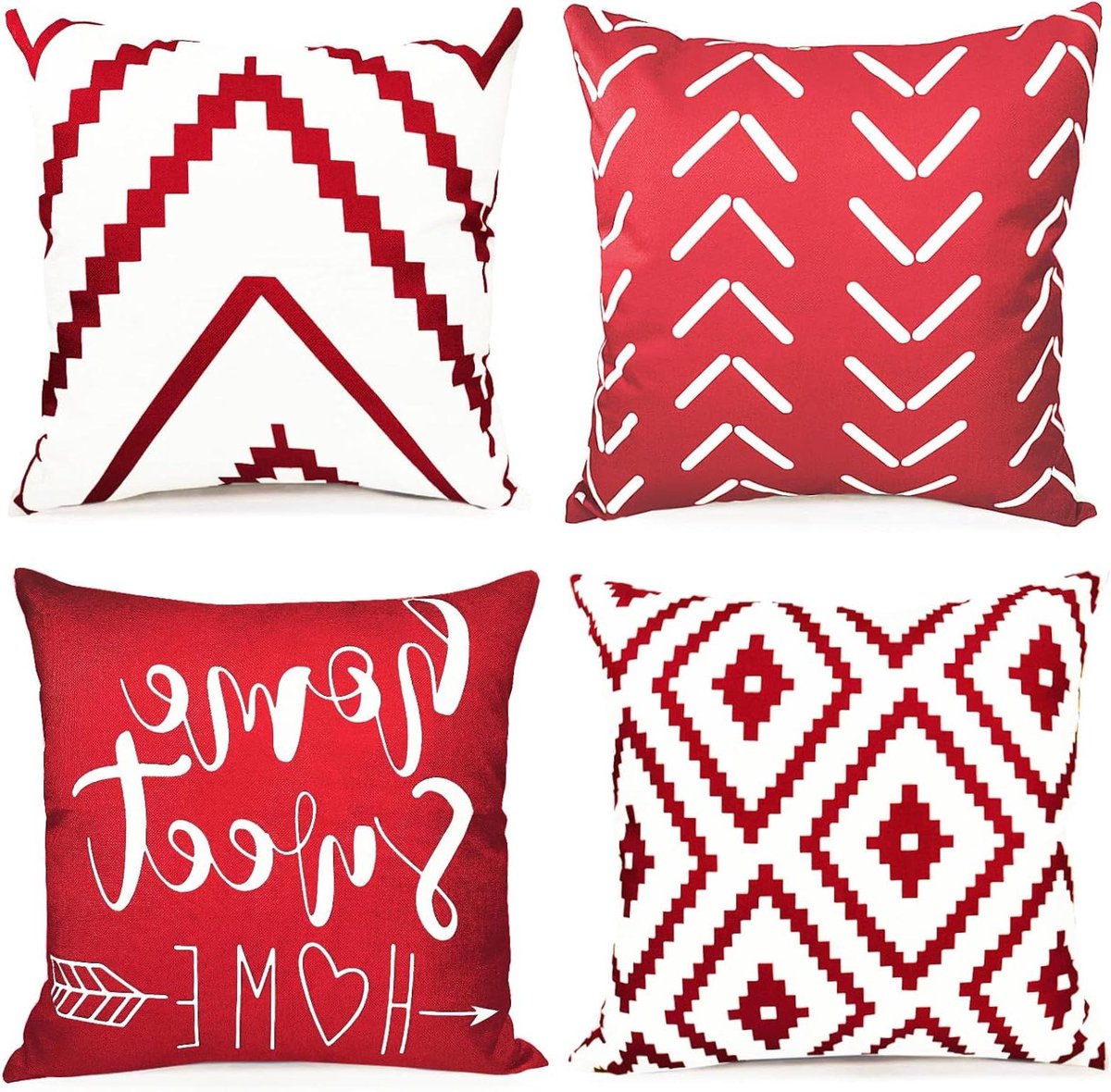 Decoratieve kussenhoezen - Kussenslopen set - Woonkamer decoreren - Gecodeerde linnen stof - 45 x 45 cm - Wijnrood geometrisch