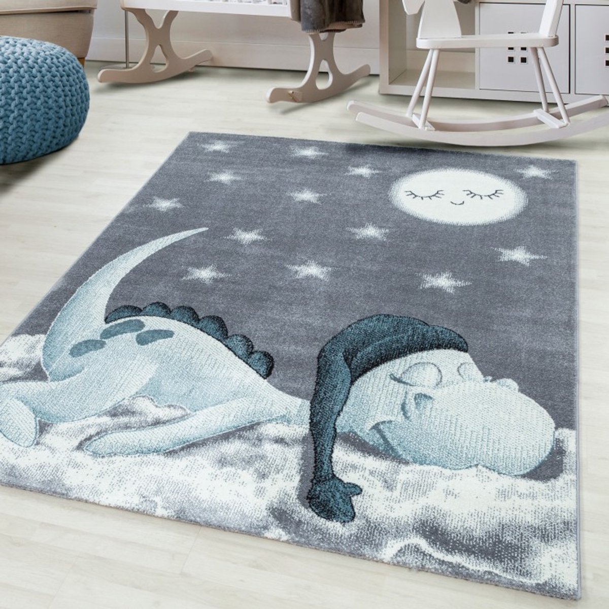 TapisTrend Kinderkleed Blauw met dinosauruspatroon, gemaakt van jute, voor de slaapkamer, gemakkelijk schoon te maken