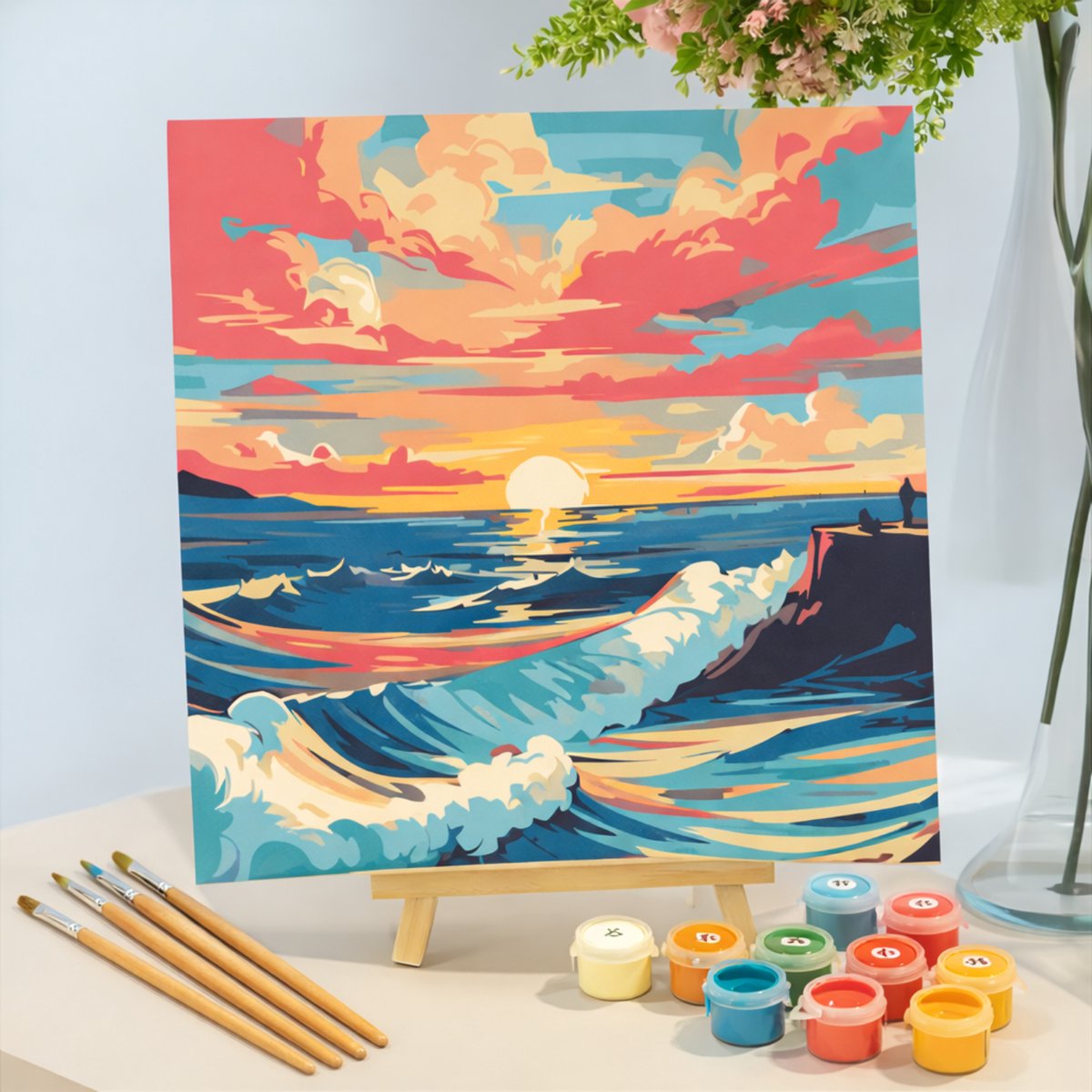 Nalovi - Schilderen op nummer - Zonsondergang zee - 20x20 cm - Compleet Pakket - Penselen & Ophangsysteem - Creatief en Ontspannend - Hobbypakket
