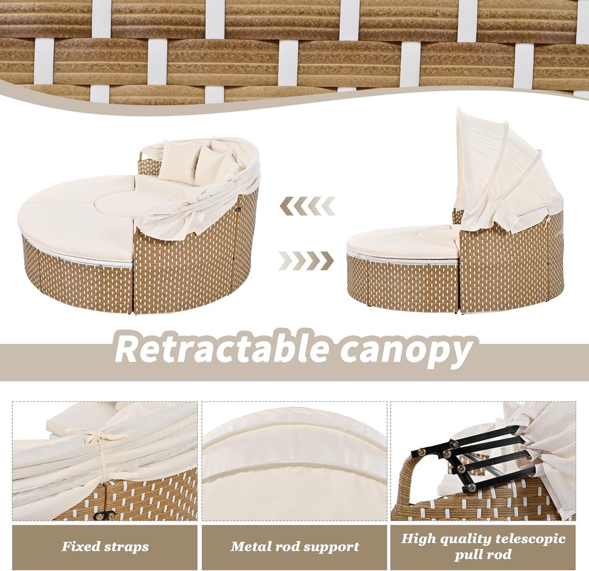 Zonne-eiland Loungeset met Luifel en Tafel – ABTkantoor Royal Lounge Schelp – Polyrotan Tuinbed & Ligbed Weerbestendig – Luxe Lounge Set voor Tuin, Balkon en Terras – Beige
