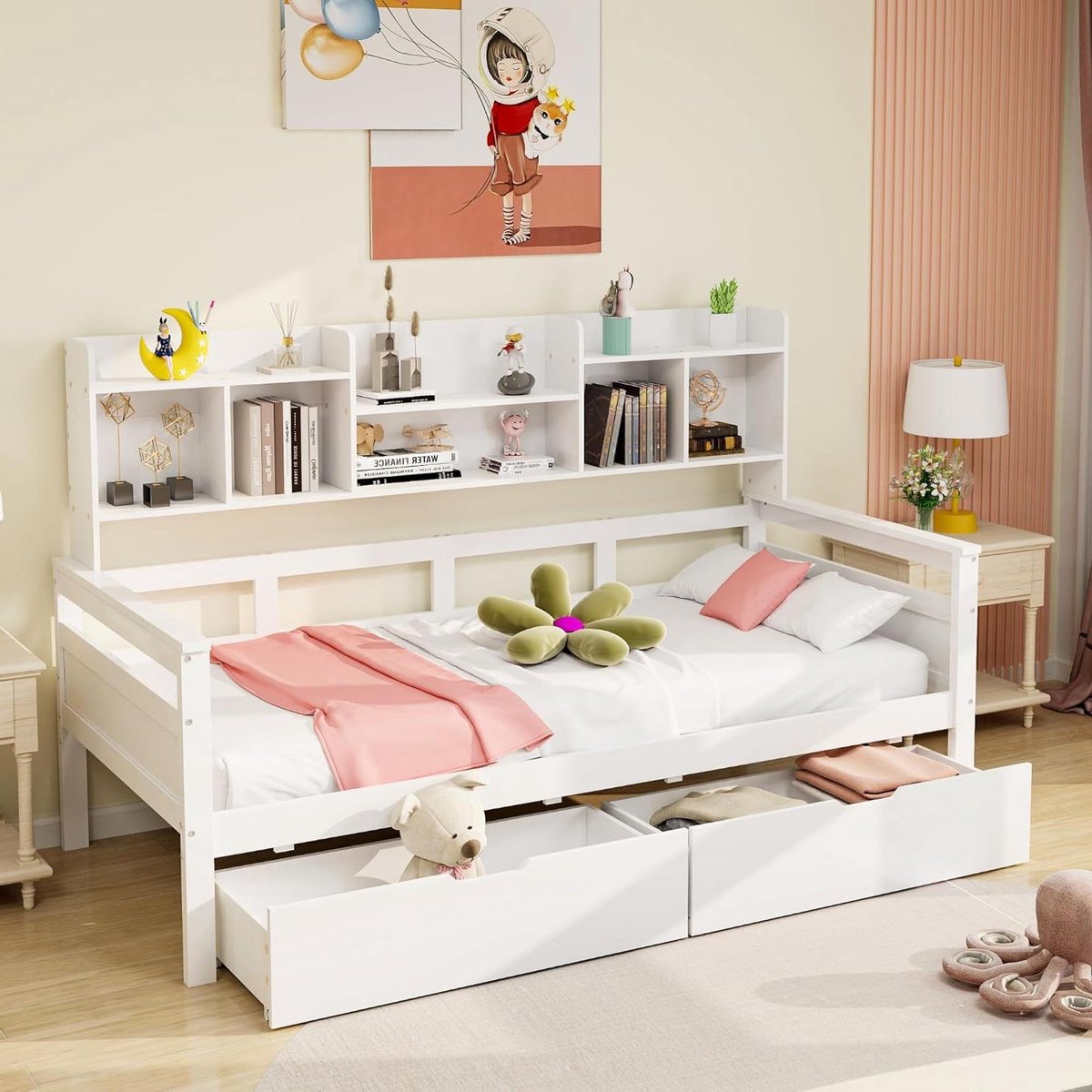 Slaapbank - Kinderbed Jeugdbed - Ruimte Besparen - Met Laden Plankjes - 90x200 cm - Wit