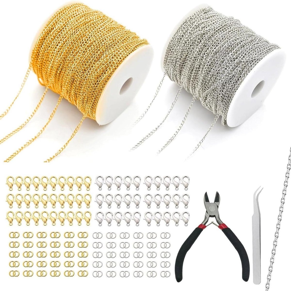 2 Rollen 10 m Link Chain in Goud en Zilver, 2.4 mm, Kettingen voor Knutselen, Sieraden en Accessoires met 60 Kreeftsluitingen en 120 Ringen, Inclusief Kleine Tang voor Sieraden