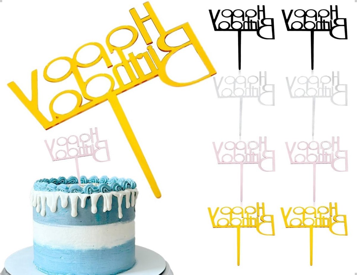 8 Stuks Verjaardagstaart Acryl Toppers voor Taarten en Cupcakes - Herbruikbare Decoratie in 4 Kleuren (10.5 x 14 cm)