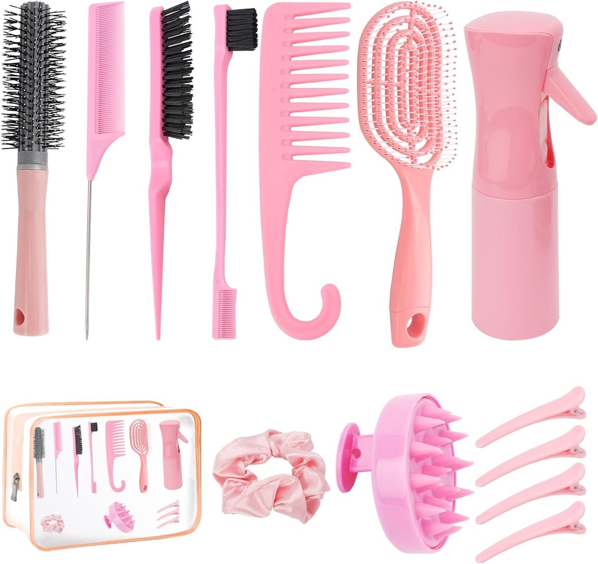 Set van 14 haarborstels met doorzichtige cosmetische tas, sprayfles, hoofdhuidborstel en haarspelden voor perfect haarstyling en verzorging