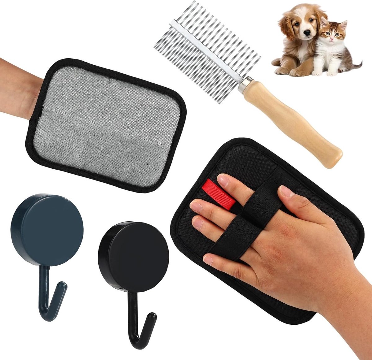 Verwijder Dierlijke Vacht met 2 Stuks Elektrostatische Handschoenen, Ideaal voor Honden en Katten, Inclusief Kam en Haakjes voor Tapijten en Bedden