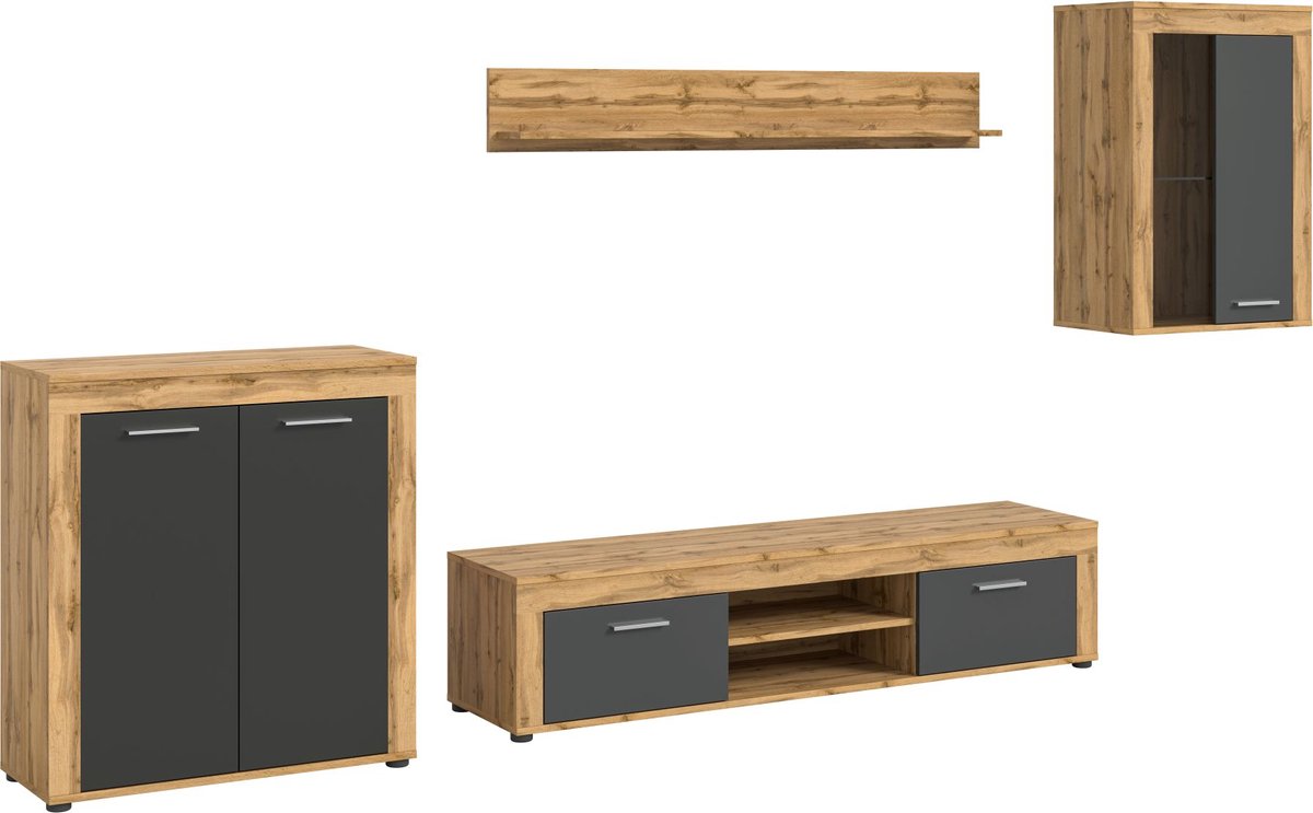 Jam wandkast J2 systeem grijs, eiken decor.
