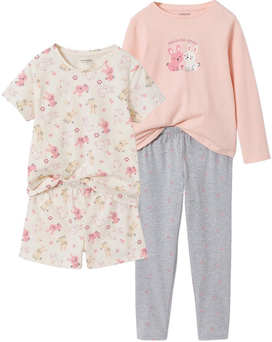 vertbaudet Set van 2 korte en lange pyjama's met konijntjes gemêleerd grijs