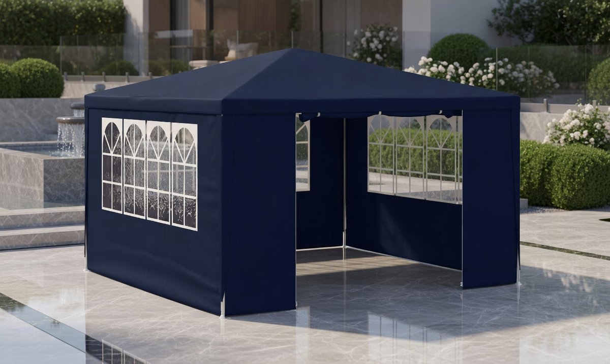Premium 4x4 m Tuingazebo met Ramen en Deuren – Waterdichte Buiten Paviljoen Tent – Blauw – Stevige RVS Frame – MedaHomeStore