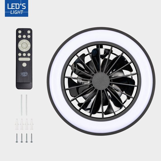 Zwarte plafondlamp met ventilator, witte LED-ring, afstandsbediening en bevestigingsmateriaal.