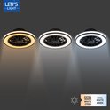Drie plafondlampen met ventilator, elk met een ringvormige LED-verlichting in extra warm wit, warm wit en koel wit.