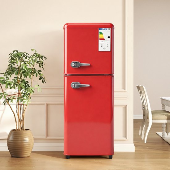 Dubbele koel-vriescombinatie 112L rood, 72L koelkast, 40L vriezer, LED, verstelbare planken, 7 temperatuursinstellingen
