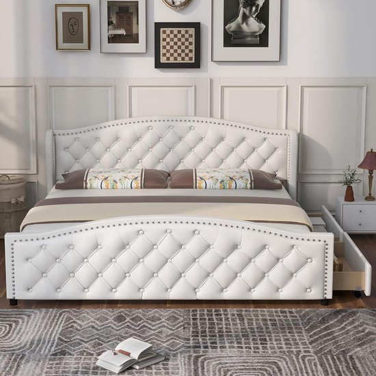 Gestoffeerd Bed - Tweepersoonsbed Met Laden - Slaapkamer Inrichten - Tijdloos Modern Design - 180 x 200 cm - Wit