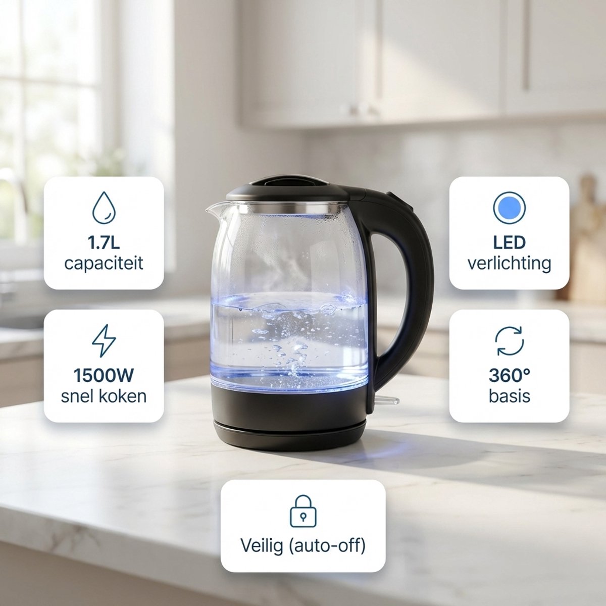 Glazen Waterkoker - Waterkoker Glas - 1,7 Liter - 1500W - RVS - 360° Draaibare Basis - Droogkookbeveiliging — afbeelding 2