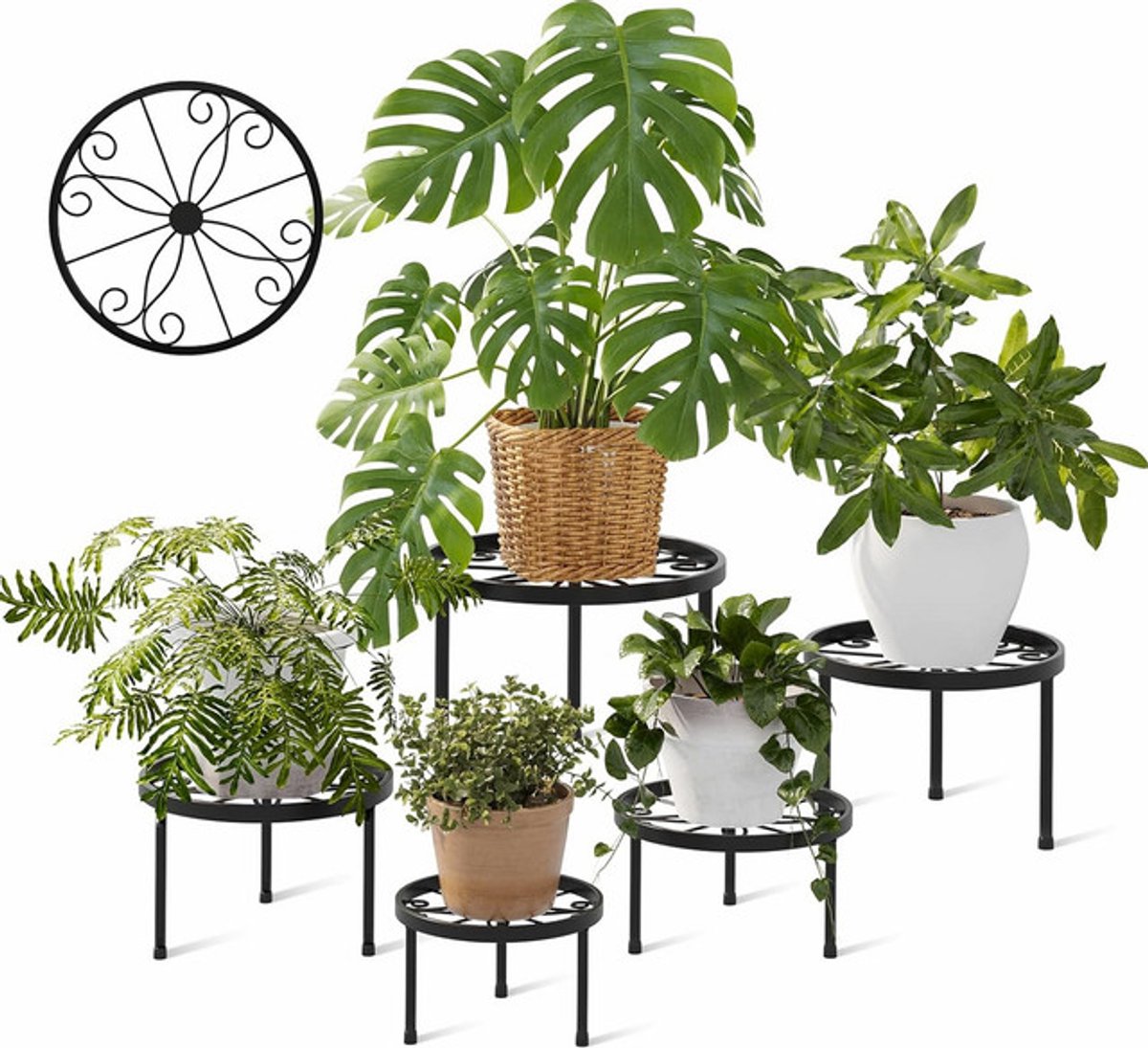Sierra, 5 Stuks Metalen Plantenstandaarden Binnen Buiten Zware Bloempottenstandaarden Voor Meerdere Planten Rotsbestendige IJzeren Plantenrek Voor Patio Tuin Balkon Woonkamer Slaapkamer