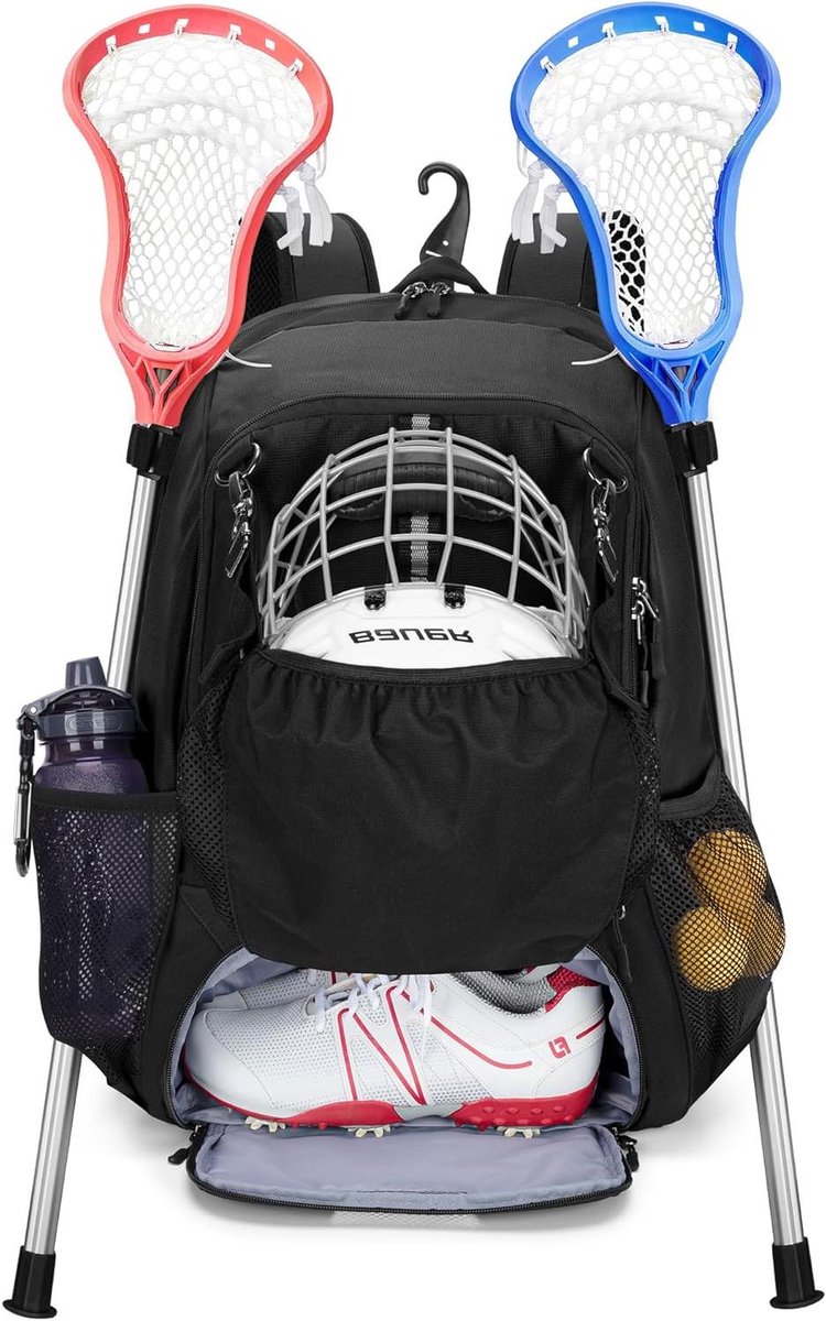 Lacrosse Tas - Sporttas Rugzak - Sportuitrusting Vervoeren - Met Stokhouder - L:13" B:9.5" H:21" - Zwart