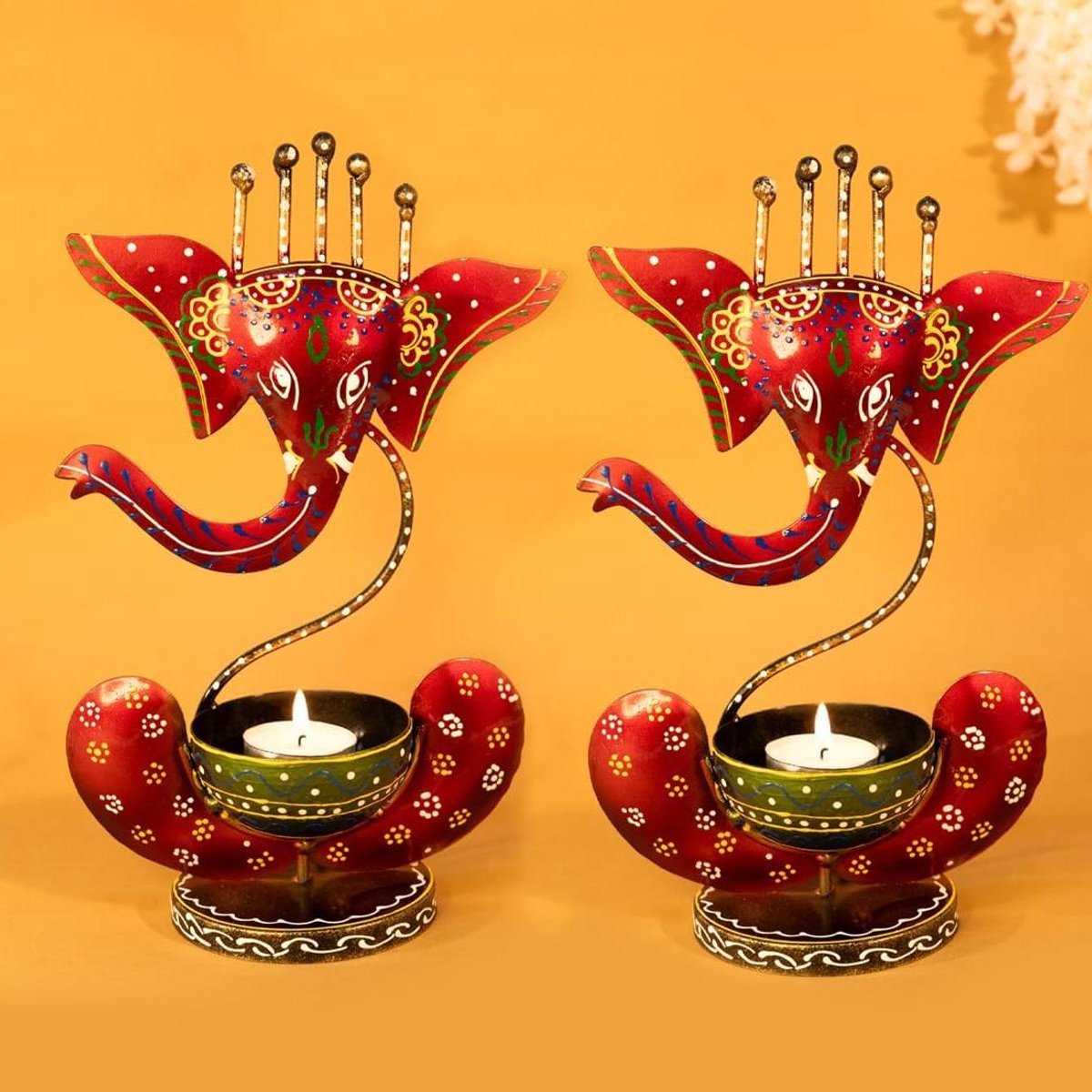 Kaarshouder Ganesha Set - Theelichthouder Kaarsenhouder - Sfeer Creëren - Handgeschilderd Metaal - Set van 2 - Multicolor