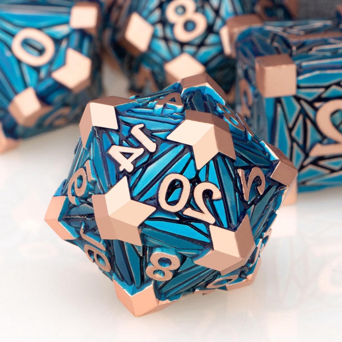 Metalen DND Dobbelstenen - RPG Dobbelstenen Set - Rollenspel Avonturen - Crystal Shards Design - 7 Stuks 16mm - Koper Blauw