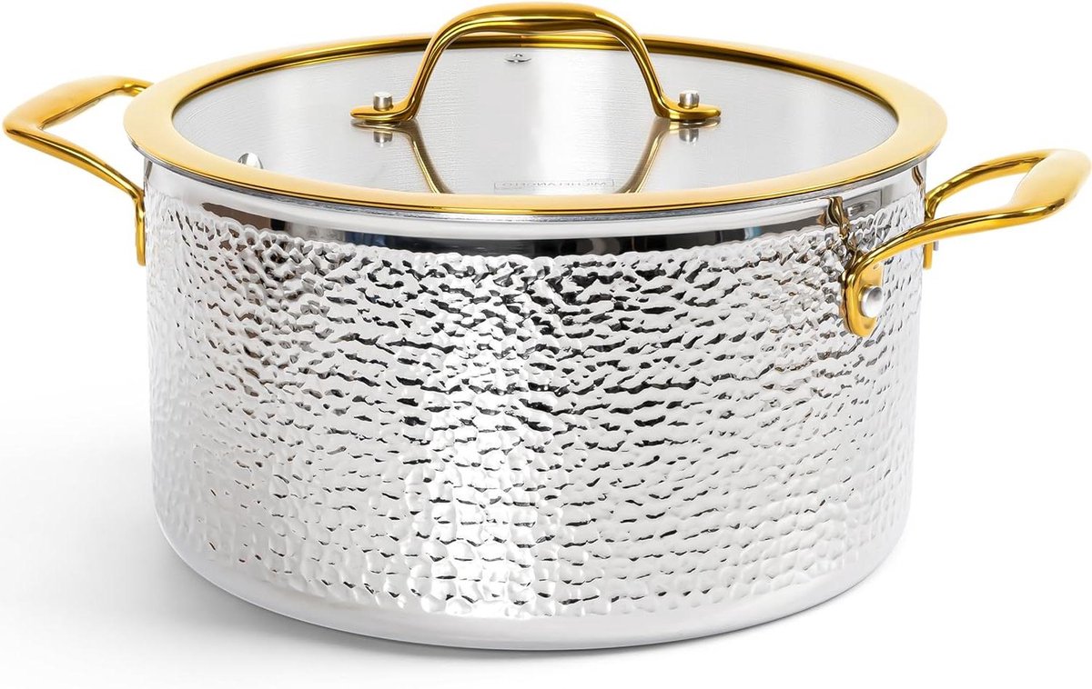 Soeppan Roestvrij Staal - Voorraadpot Kookpot - Grote Maaltijden Bereiden - Gehamerd Triply Ontwerp - 6 Liter - Zilver