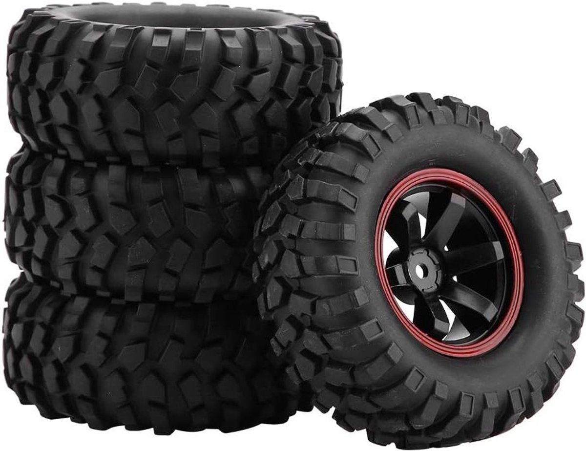 RC Truck Wielen - RC Banden Set - Off Road Rijden - Anti-slip Oppervlak - 12mm Hex - Zwart Rood