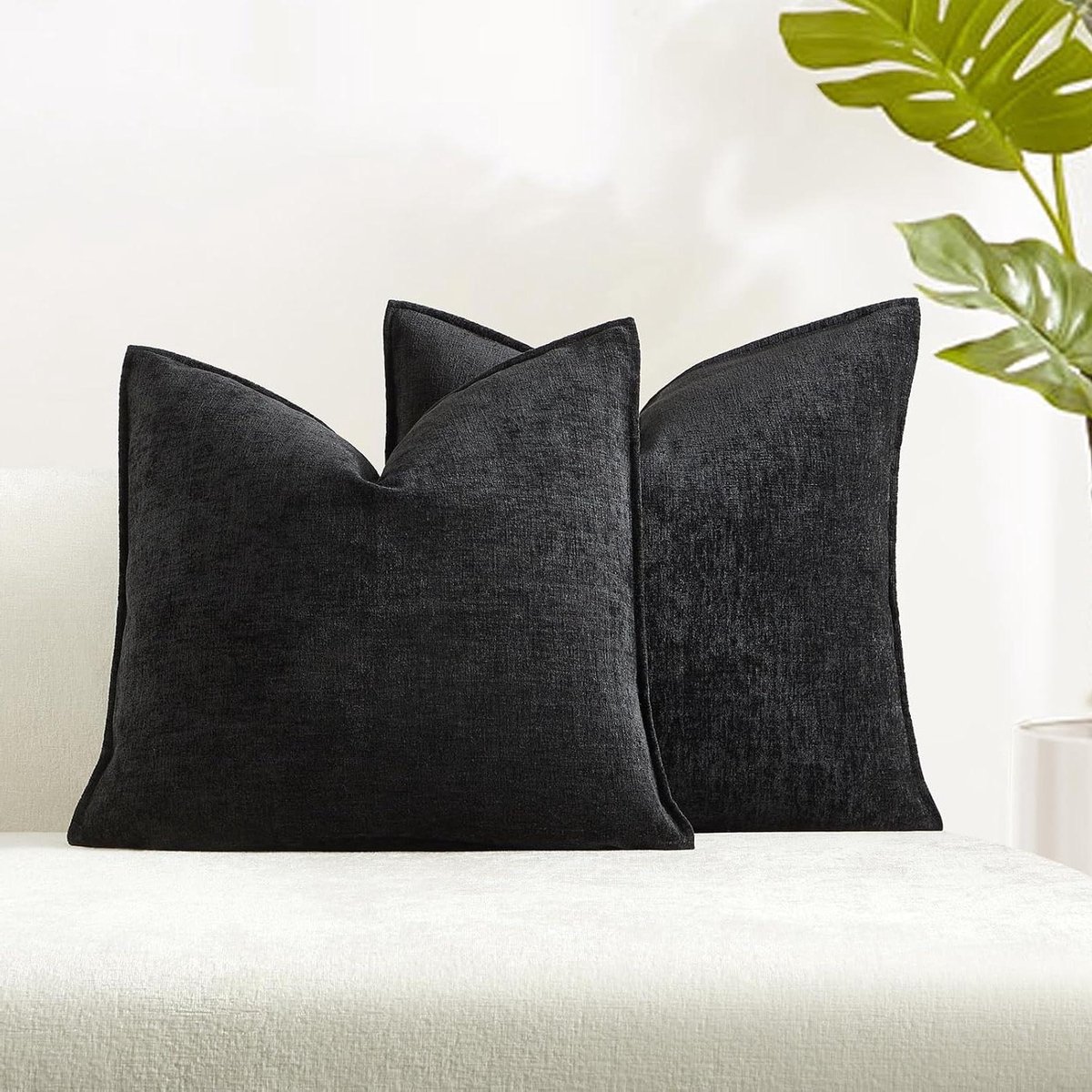 Chenille Kussenslopen - Decoratieve Kussenhoezen - Bank en Slaapkamer Decoratie - Breed Randontwerp - 50 x 50 cm - Zwart