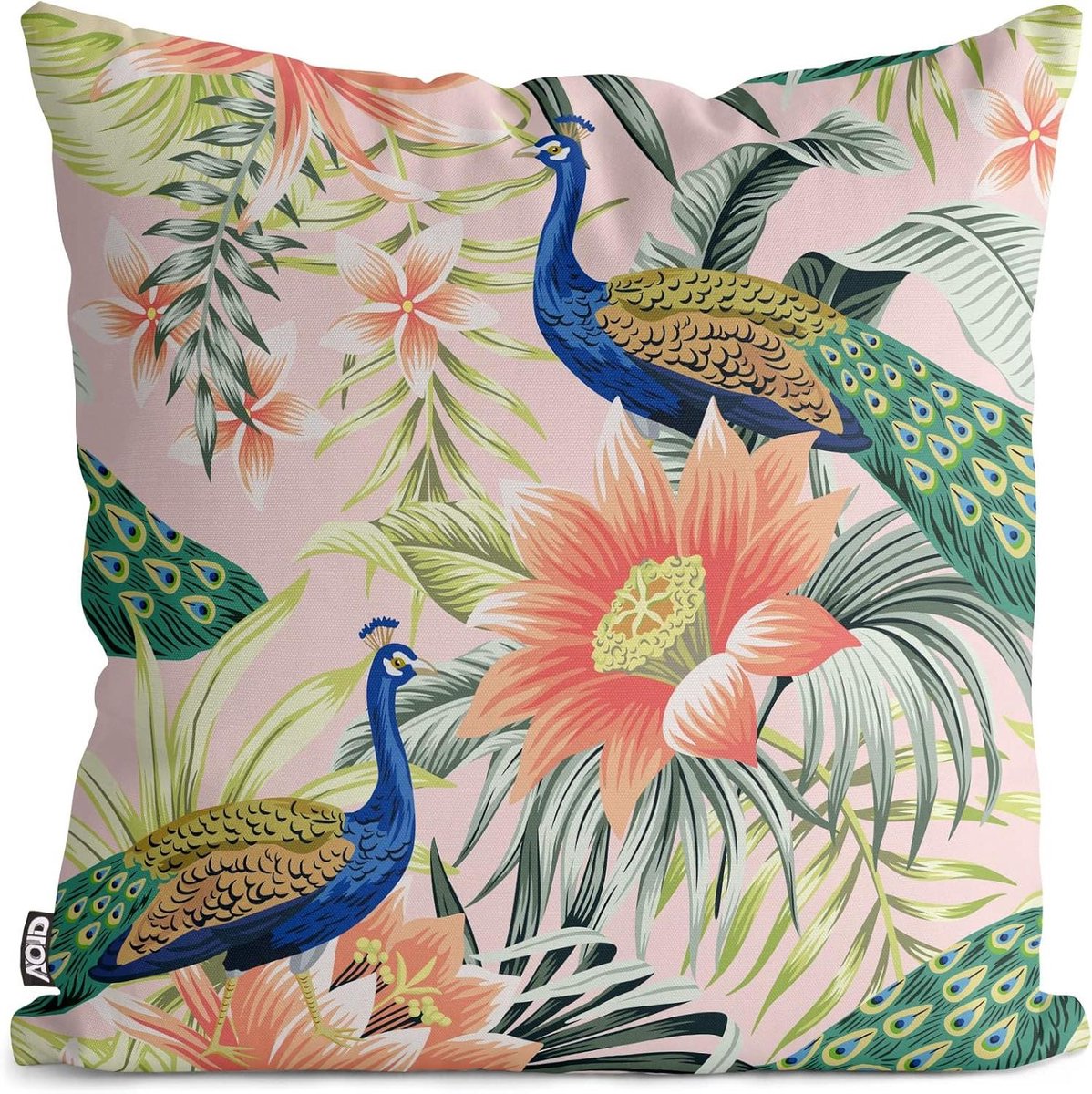 Kussenhoes Tropische Vogel - Pauw Hibiscus Hoes - Buiten Decoratie - Waterdicht Oxford Canvas - 60 x 60 cm - Veelkleurig