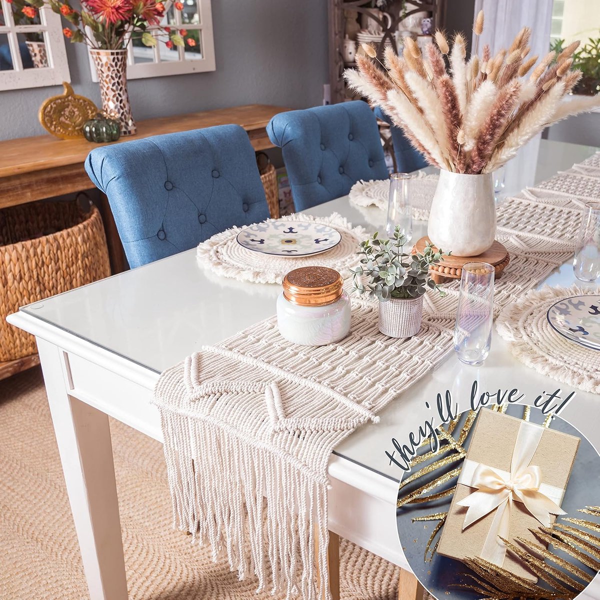 Macrame Tafelloper - Boho Runner - Tafel Decoratie - Handgemaakt Katoen - 33x122 cm - Beige