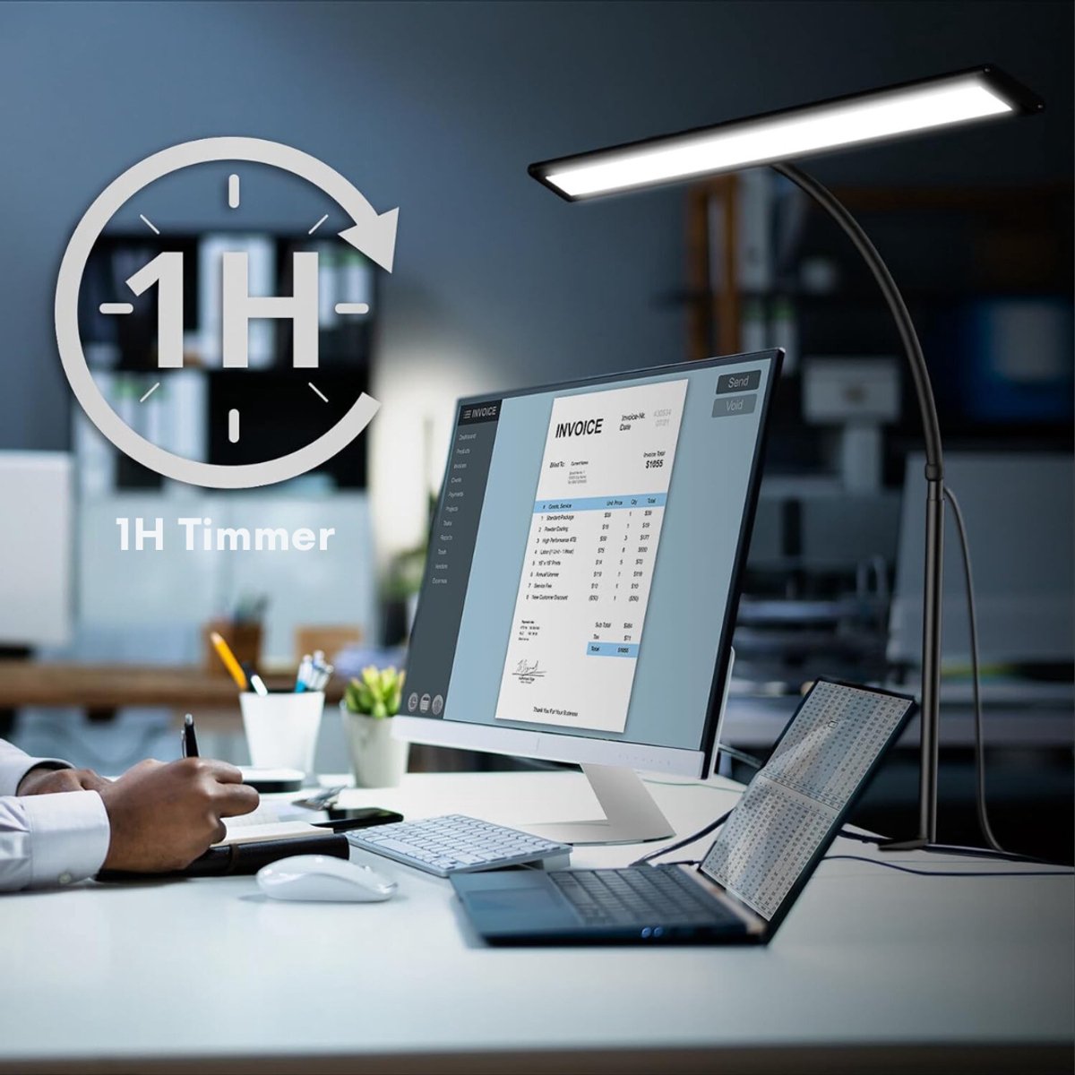TIM® Bureaulamp led dimbaar daglicht - USB oplaadbaar - 10 kleurenfuncties - Daglichtlamp - met Afstandsbediening - Lichttherapielamp - Hobby lamp voor schilderen, puzzelen – UV-Vrij - Tafellamp/lamp staand - Zwart - ‎5cm x 40cm x 70cm thumbnail 5