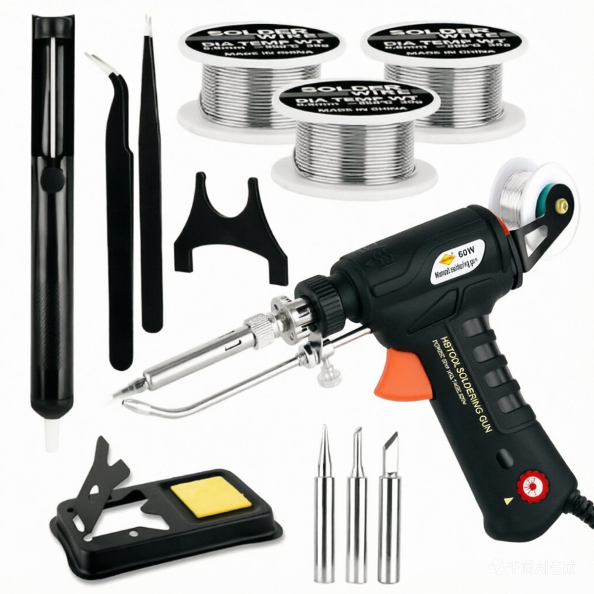 carmdering - Soldeerpistool - Automatische Soldeerpistool - Soldeerapparaat - 120W, 220V, 10 sec opwarmen, 300-580°C - Met soldeertoevoer, 3 rollen tin - Interne keramische verwarming - Voor elektronica en hobby