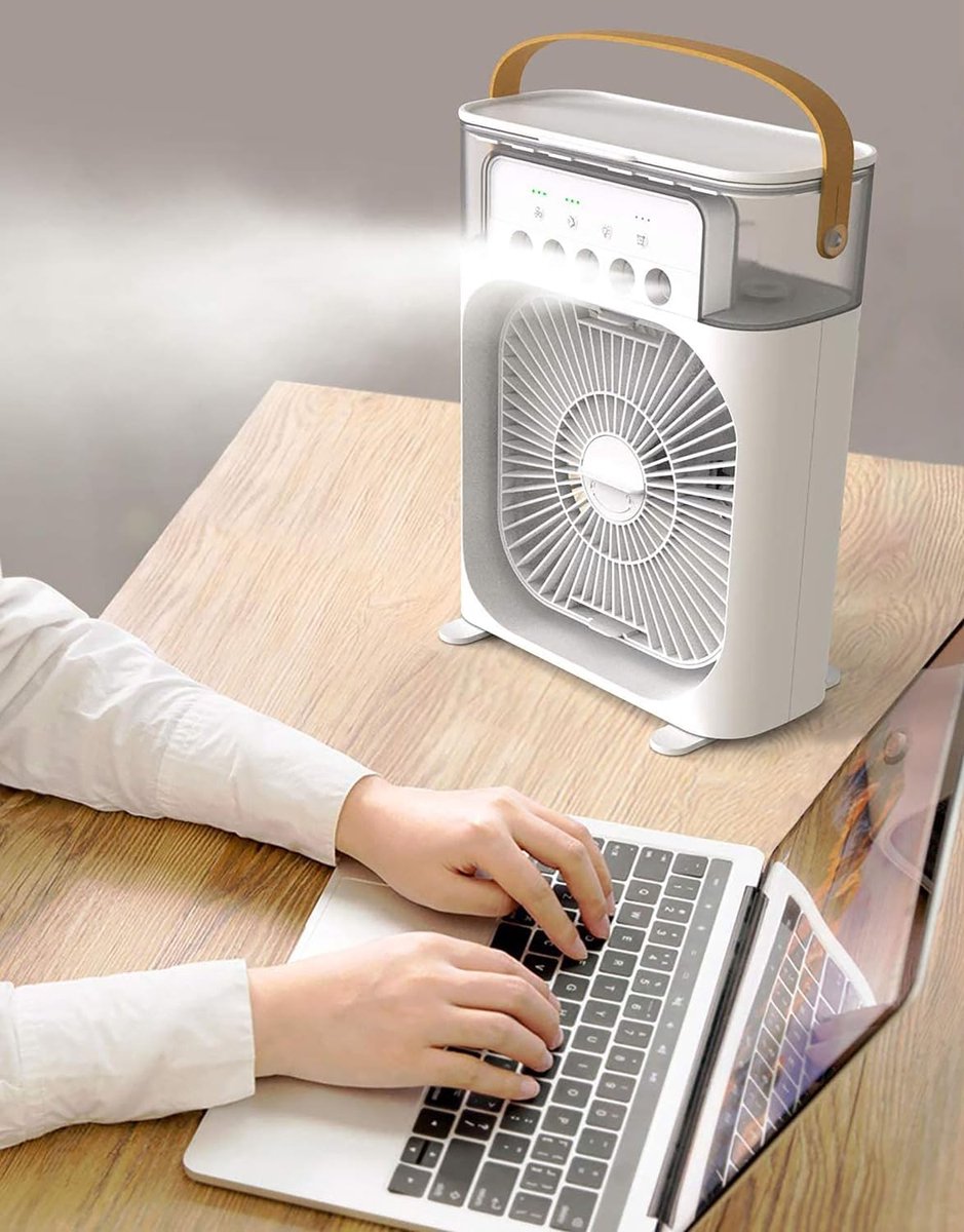 Luchtbevochtigende mistventilator - tafelventilator - stille handventilator - drie windsnelheden - LED-verlichting - compact en draagbaar - koele luchtstroom -Wit- 25,5 x 18,5 x 8 cm thumbnail 6