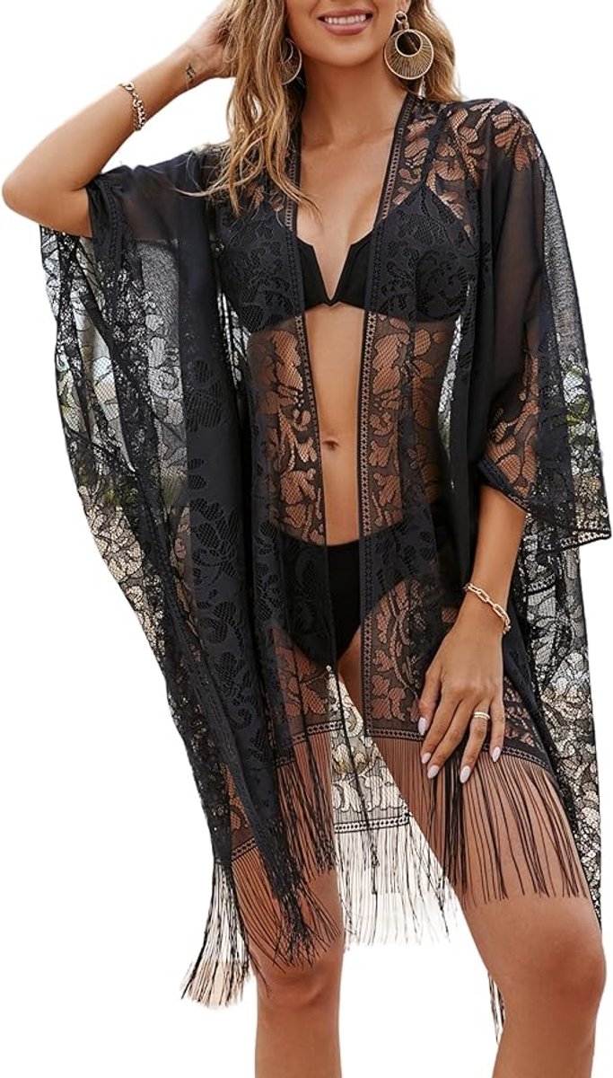 1 Stuk Zwart - zwembad overkleding - vakantie strandoutfit, Dames Elegante Kanten Strandkimono - Polyester Badpak Overdoek - Met Franjezoom - Ademend Lichtgewicht - Geschikt Voor Strand Zwembad Vakantie Feestjes En Speciale Gelegenheden | Cyslmuk®