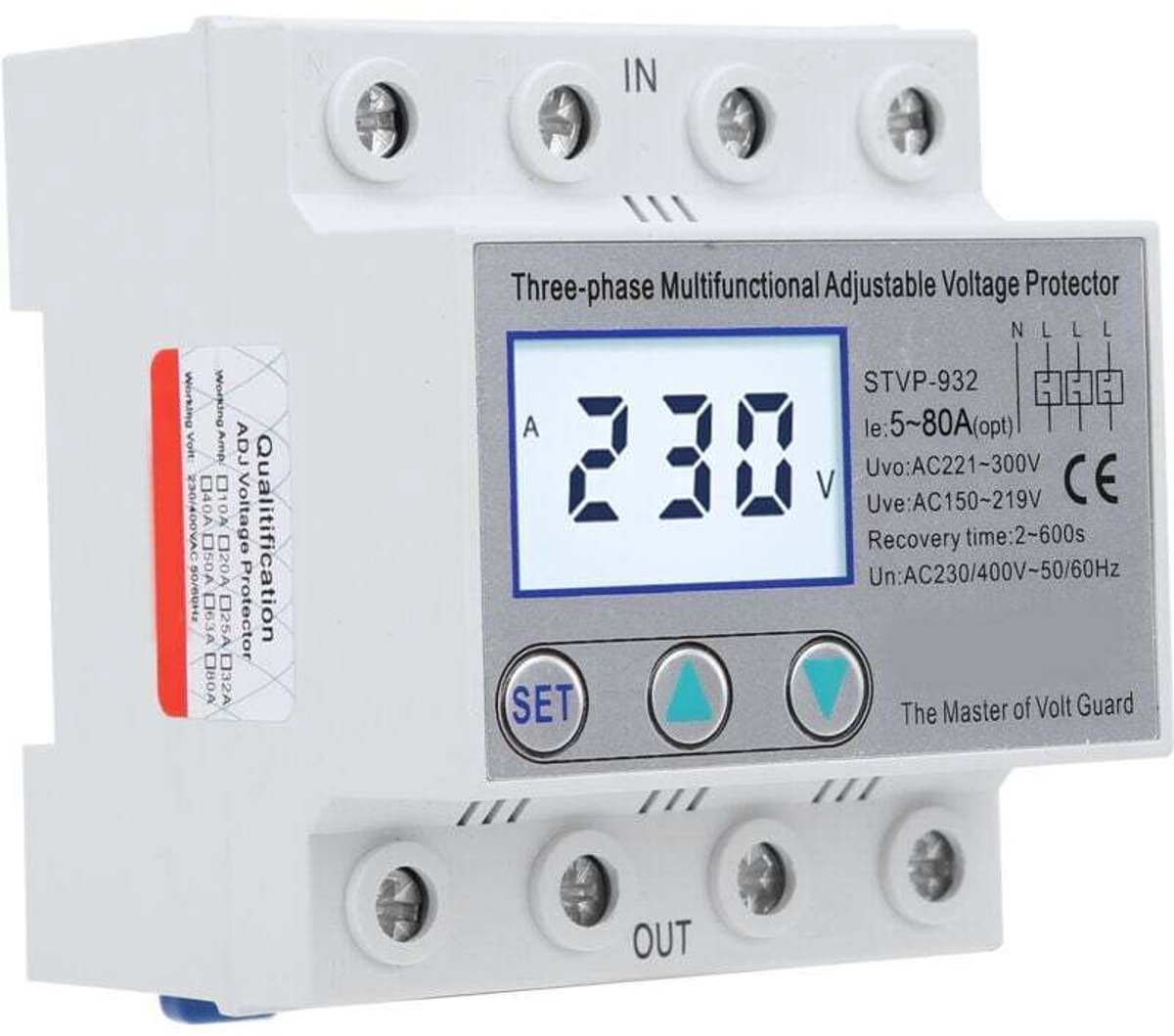 Spanningsbeveiliger, instelbare spanningsbeveiliger, multifunctionele driefasige automatische reset - 932 230V 400V AC, volledig functioneel, stabiele prestaties (80A).