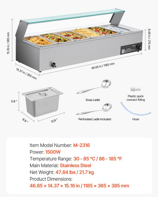 Commerciële Voedselverwarmer (6 X 1/3 Formaat Bakken), 1,5 KW Elektrische Roestvrijstalen Verwarmer met Glazen Deksel en Lepel, Warmhoudapparaat voor Catering, Horeca en Evenementen — afbeelding 3