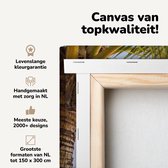 Canvas schilderij 90x60 cm - Wanddecoratie Ligbedden tussen de palmbomen op een strand van Bali - Muurdecoratie woonkamer - Slaapkamer decoratie - Kamer accessoires - Schilderijen op canvas